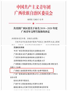 喜訊！公司團小金青年服務隊榮獲 “廣西青年文明號”榮譽稱號